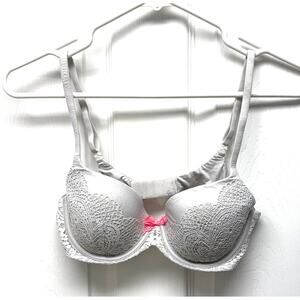 Victoria's Secret Bra Demi Pale Gray Lace, Convertible Straps, Women's Size 34C